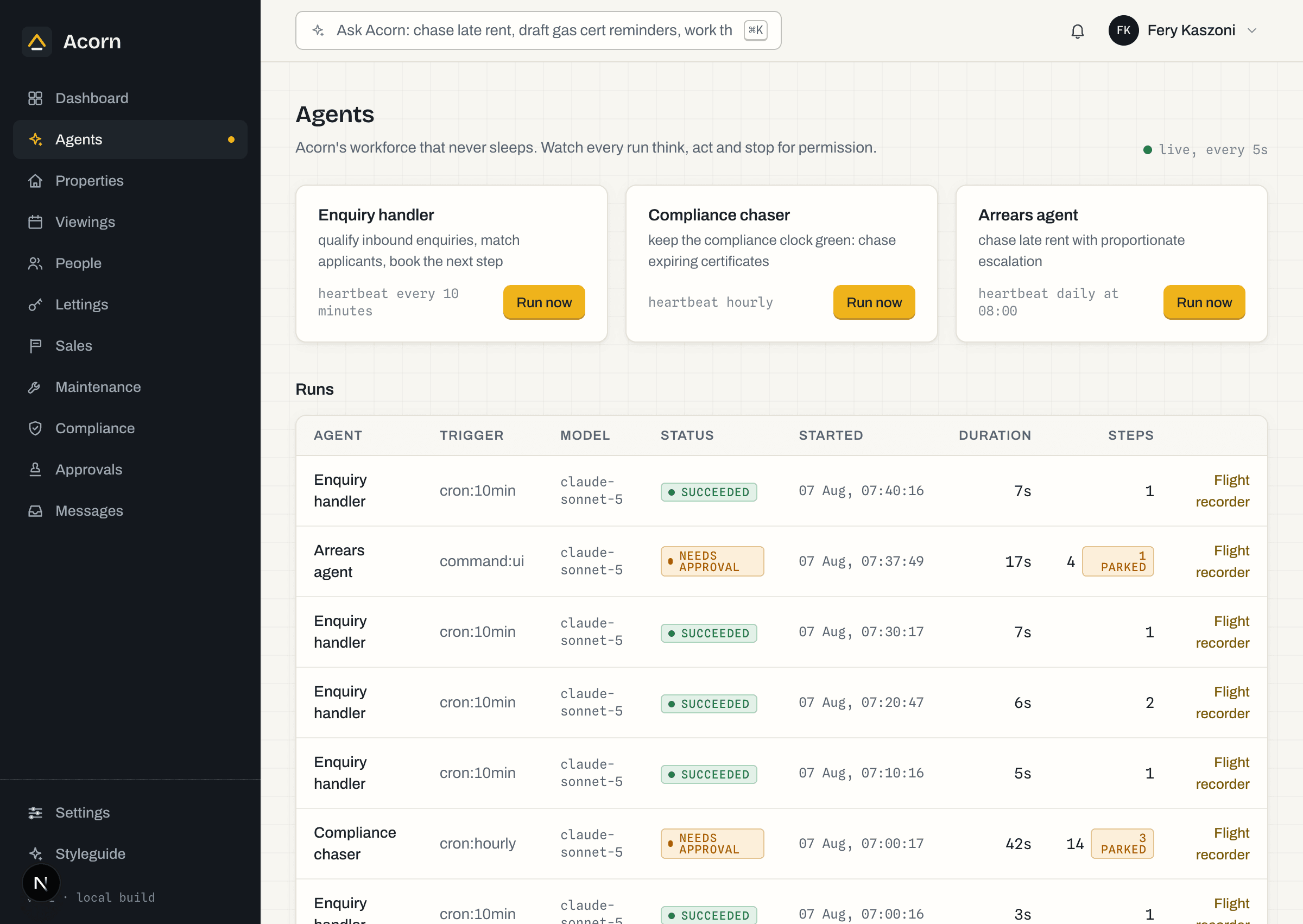 The agents console, live: a still from the Acorn app