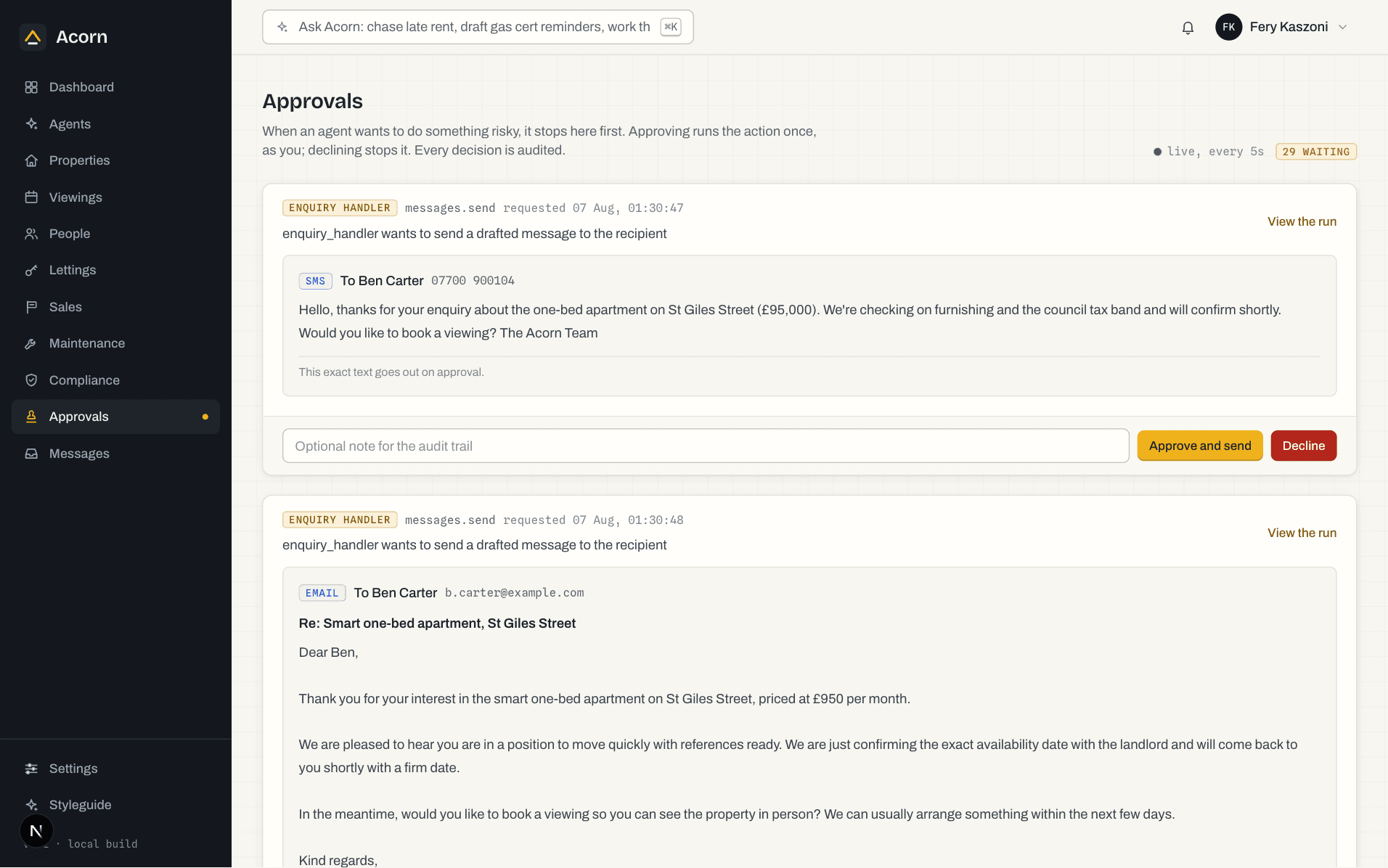 The approval queue: a still from the Acorn app