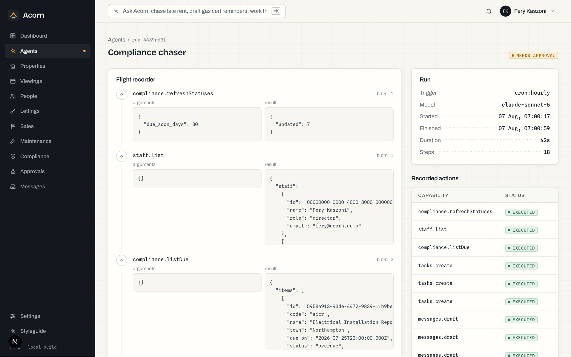 The flight recorder in Acorn: an agent run with every tool call, argument and result