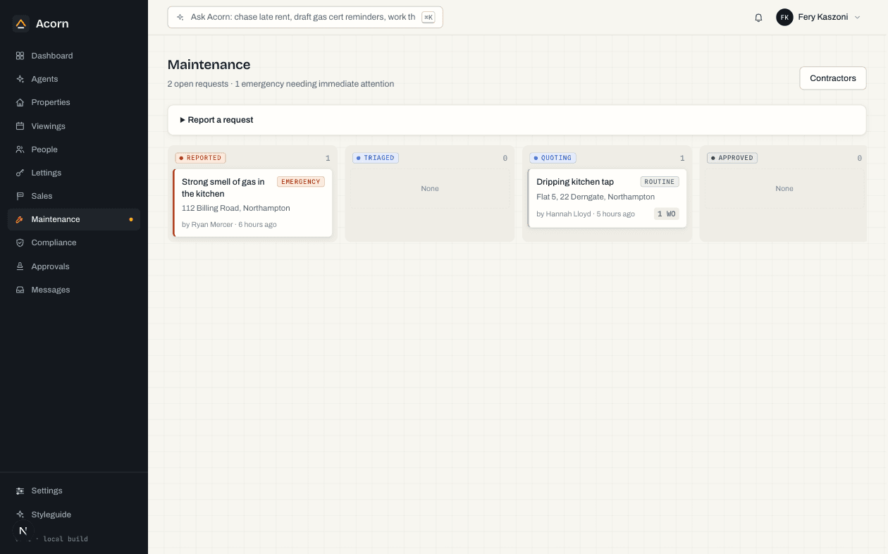 Maintenance and work orders: a still from the Acorn app