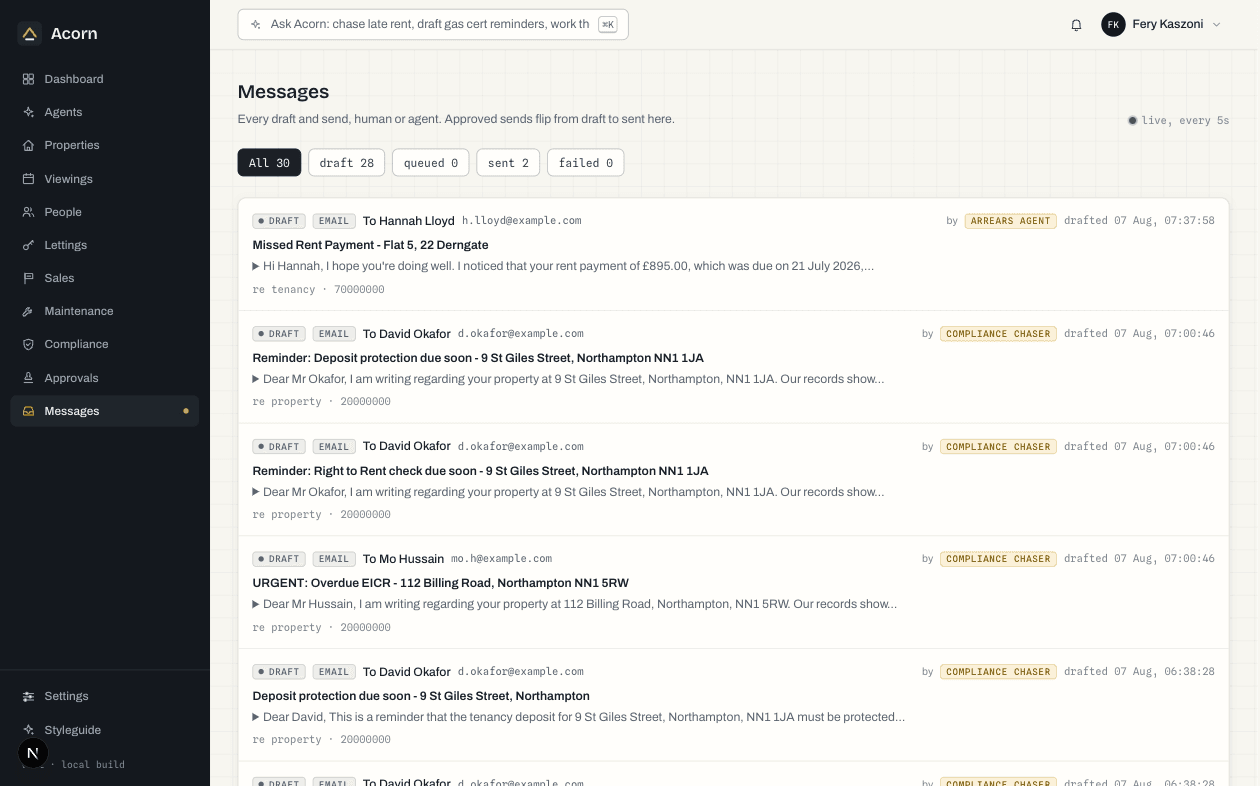 Enquiries and messages: a still from the Acorn app