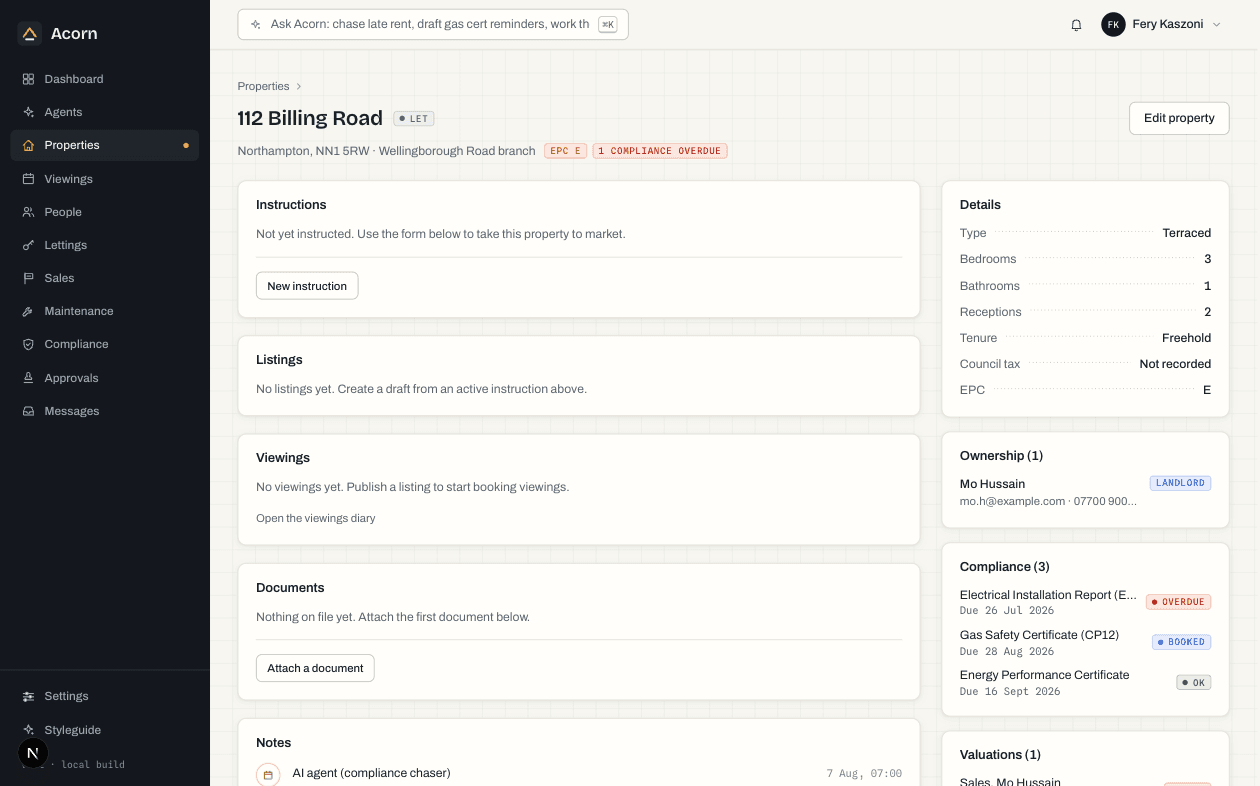 A property record in Acorn: instructions, listings, compliance and ownership on one page